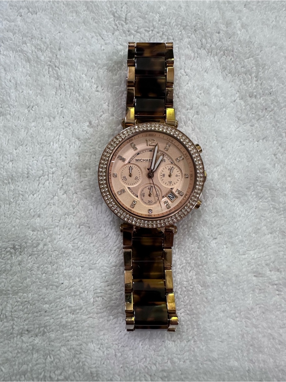 Michael Kors Rose Gold Dial Tortoiseshell Link Crystal Bezel Watch